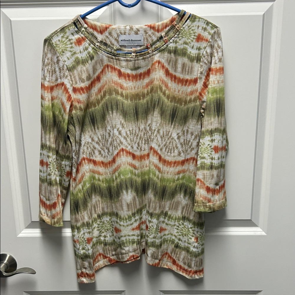 Alfred Dunner Green and Orange Patterned Long Sleeve Top